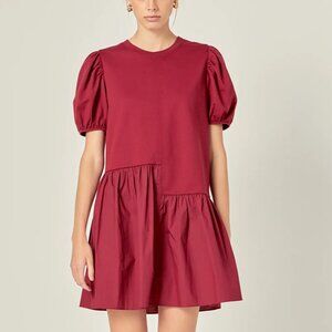 English Factory Knit Woven Mixed Dress Burgundy